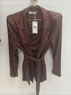 Mango Sequin Belted Blazer in Deep Burgundy